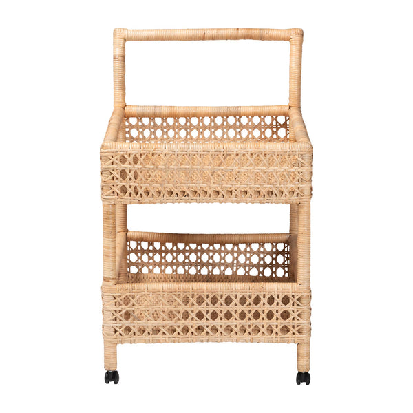 Bali & Pari Alaina Handwoven Rattan Two Tier Rolling Kitchen Cart for Coastal Boho Homes