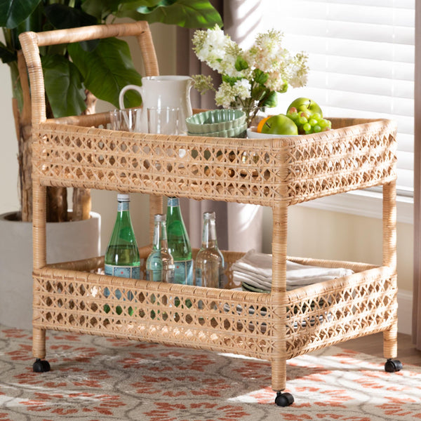 Bali & Pari Alaina Handwoven Rattan Two Tier Rolling Kitchen Cart for Coastal Boho Homes