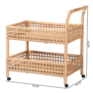 Bali & Pari Alaina Handwoven Rattan Two Tier Rolling Kitchen Cart for Coastal Boho Homes