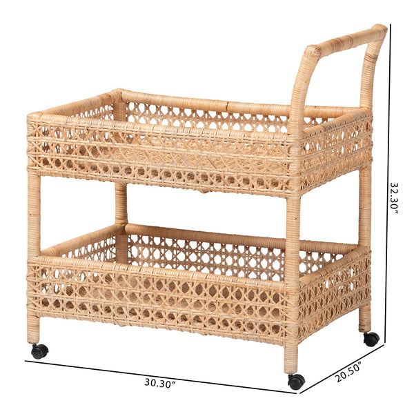 Bali & Pari Alaina Handwoven Rattan Two Tier Rolling Kitchen Cart for Coastal Boho Homes
