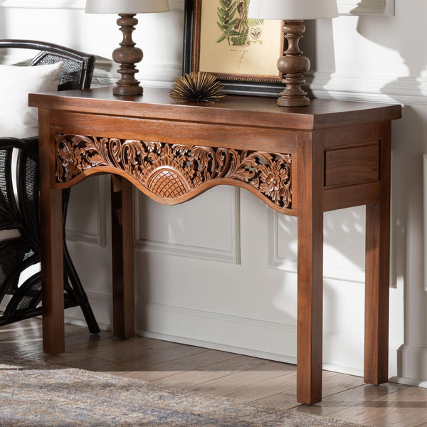 Bali & Pari Alannis Solid Mahogany Entryway Console Hand-carved Floral Artisan Table