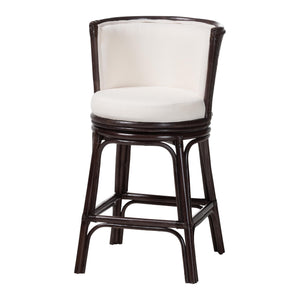 Baxton Studio Bali & Pari Alsip Handcrafted Rattan Swivel Counterstool with Barrel Back Boho Seat Alsip-Coffee Bean Rattan-White Cushion-CS