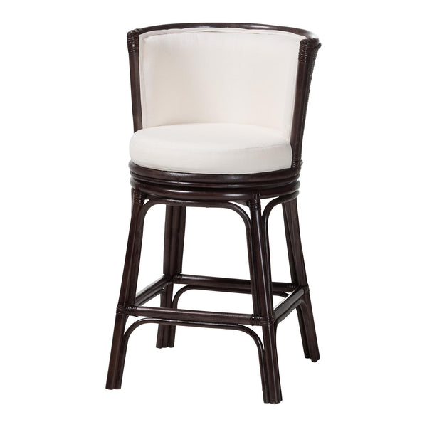 Baxton Studio Bali & Pari Alsip Handcrafted Rattan Swivel Counterstool with Barrel Back Boho Seat Alsip-Coffee Bean Rattan-White Cushion-CS