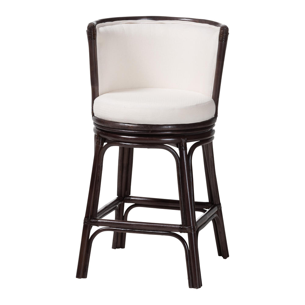 Baxton Studio Bali & Pari Alsip Handcrafted Rattan Swivel Counterstool with Barrel Back Boho Seat Alsip-Coffee Bean Rattan-White Cushion-CS