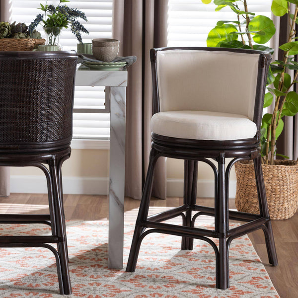 Bali & Pari Alsip Handcrafted Rattan Swivel Counterstool with Barrel Back Boho Seat