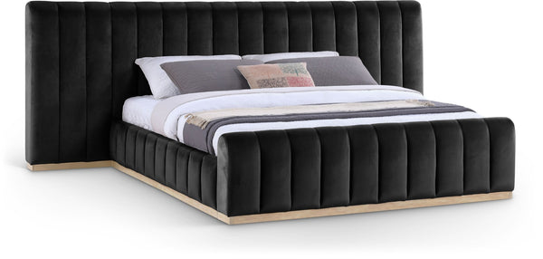 Meridian Furniture Amara King Platform Bed with Tall Velvet Headboard and Natural Wood Base AmaraBlack-K133