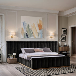 Meridian Furniture Amara King Platform Bed with Tall Velvet Headboard and Natural Wood Base AmaraBlack-K133