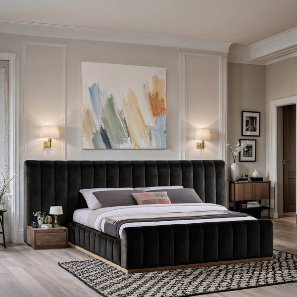 Meridian Furniture Amara King Platform Bed with Tall Velvet Headboard and Natural Wood Base AmaraBlack-K133