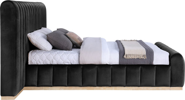 Meridian Furniture Amara King Platform Bed with Tall Velvet Headboard and Natural Wood Base AmaraBlack-K133