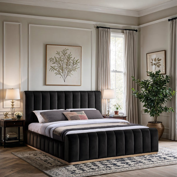 Meridian Furniture Amara King Bed with Channel Tufted Velvet Headboard and Solid Wood Base AmaraBlack-K
