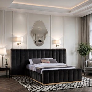 Meridian Furniture Amara Oversized Velvet Queen Bed with Tall Headboard for Glam Bedroom Decor AmaraBlack-Q117