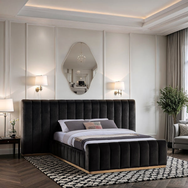 Meridian Furniture Amara Oversized Velvet Queen Bed with Tall Headboard for Glam Bedroom Decor AmaraBlack-Q117