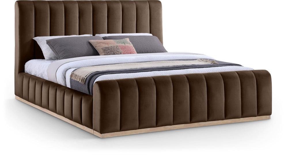 Meridian Furniture Amara Velvet Upholstered King Bed with Tall Headboard and Solid Wood Base AmaraBrown-K