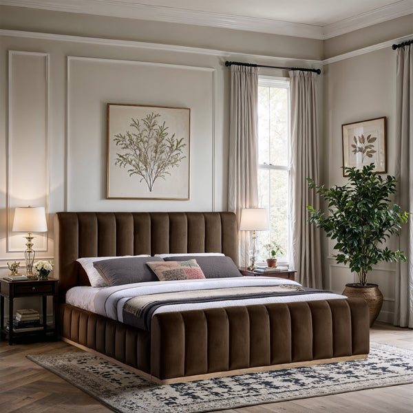 Meridian Furniture Amara Velvet Upholstered King Bed with Tall Headboard and Solid Wood Base AmaraBrown-K