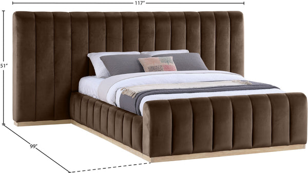 Meridian Furniture Amara Queen Bed Dense Velvet Upholstery Solid Wood Frame Contemporary Bedroom AmaraBrown-Q117