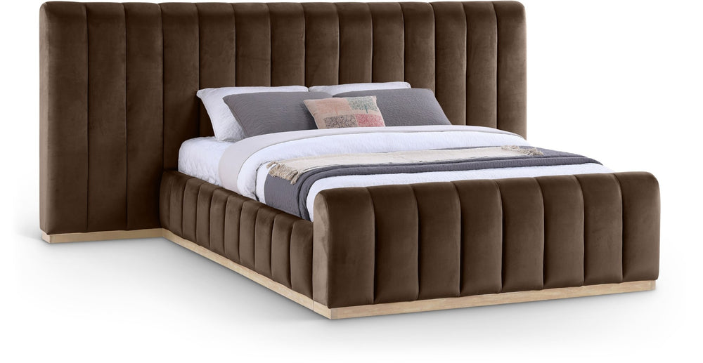 Meridian Furniture Amara Queen Bed Dense Velvet Upholstery Solid Wood Frame Contemporary Bedroom AmaraBrown-Q117