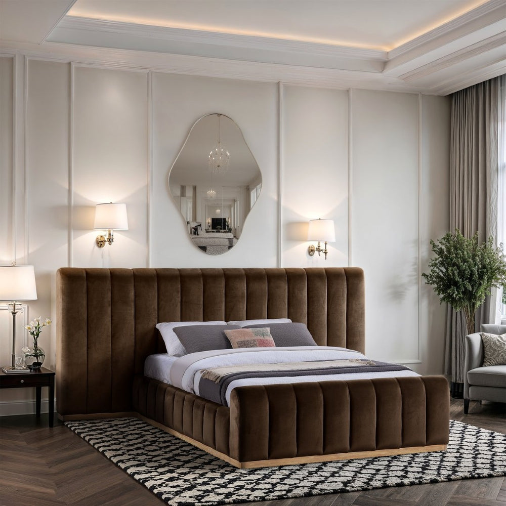 Meridian Furniture Amara Queen Bed Dense Velvet Upholstery Solid Wood Frame Contemporary Bedroom AmaraBrown-Q117