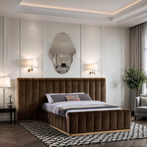 Meridian Furniture Amara Queen Bed Dense Velvet Upholstery Solid Wood Frame Contemporary Bedroom AmaraBrown-Q117