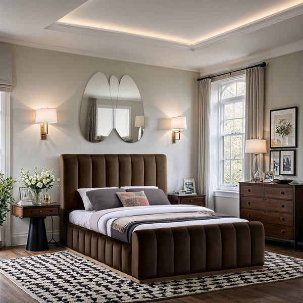 Meridian Furniture Amara High-pile Velvet Queen Bed with Solid Wood Frame and Tall Statement Headboard AmaraBrown-Q