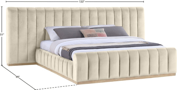Meridian Furniture Amara Wingback King Bed Tall Velvet Headboard with Warm Natural Wood Base AmaraCream-K133