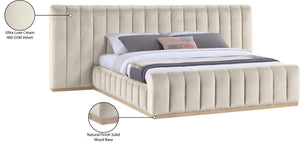 Meridian Furniture Amara Wingback King Bed Tall Velvet Headboard with Warm Natural Wood Base AmaraCream-K133