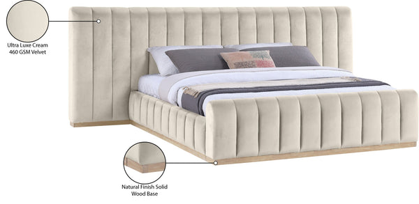 Meridian Furniture Amara Wingback King Bed Tall Velvet Headboard with Warm Natural Wood Base AmaraCream-K133