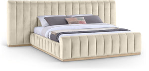 Meridian Furniture Amara Wingback King Bed Tall Velvet Headboard with Warm Natural Wood Base AmaraCream-K133