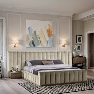 Meridian Furniture Amara Wingback King Bed Tall Velvet Headboard with Warm Natural Wood Base AmaraCream-K133