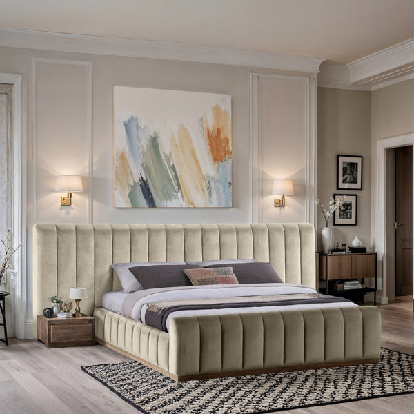 Meridian Furniture Amara Wingback King Bed Tall Velvet Headboard with Warm Natural Wood Base AmaraCream-K133