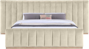 Meridian Furniture Amara Wingback King Bed Tall Velvet Headboard with Warm Natural Wood Base AmaraCream-K133