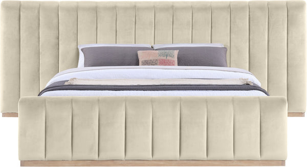 Meridian Furniture Amara Wingback King Bed Tall Velvet Headboard with Warm Natural Wood Base AmaraCream-K133