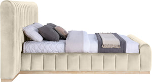 Meridian Furniture Amara Wingback King Bed Tall Velvet Headboard with Warm Natural Wood Base AmaraCream-K133