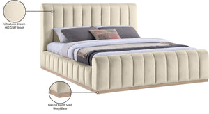 Meridian Furniture Amara King Bed Plush Cream Velvet Upholstered Headboard with Solid Wood Base AmaraCream-K