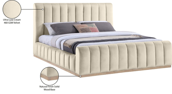 Meridian Furniture Amara King Bed Plush Cream Velvet Upholstered Headboard with Solid Wood Base AmaraCream-K