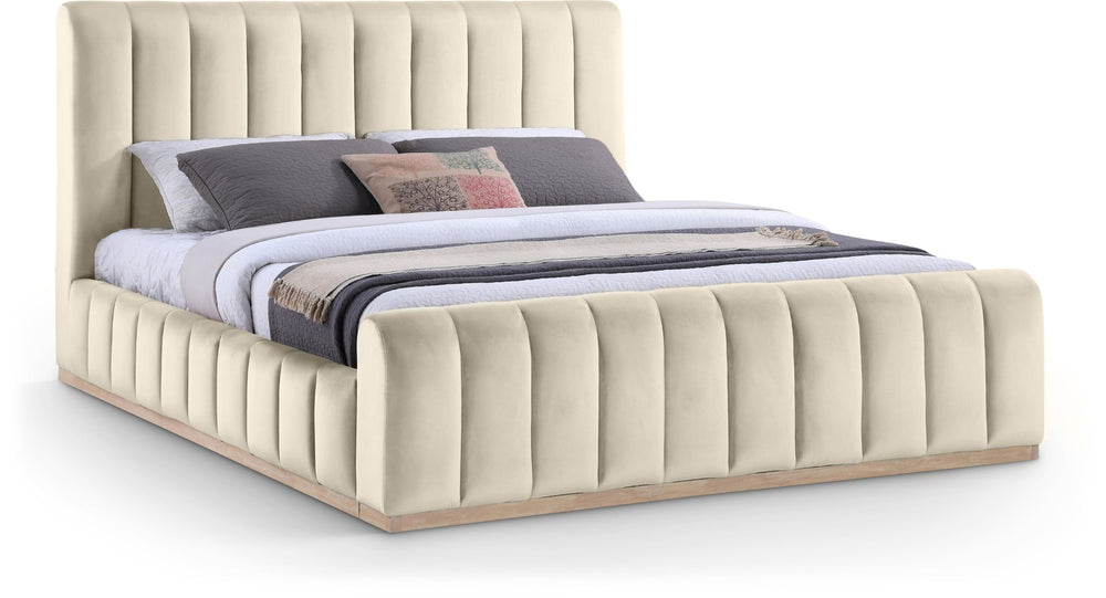 Meridian Furniture Amara King Bed Plush Cream Velvet Upholstered Headboard with Solid Wood Base AmaraCream-K