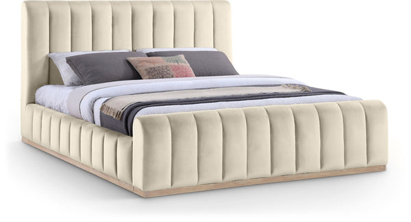 Meridian Furniture Amara King Bed Plush Cream Velvet Upholstered Headboard with Solid Wood Base AmaraCream-K
