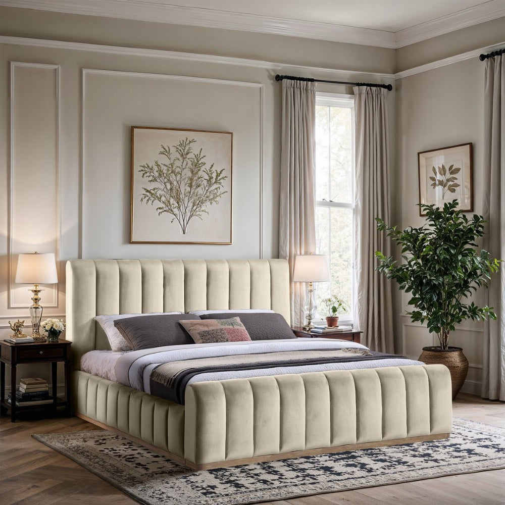 Meridian Furniture Amara King Bed Plush Cream Velvet Upholstered Headboard with Solid Wood Base AmaraCream-K