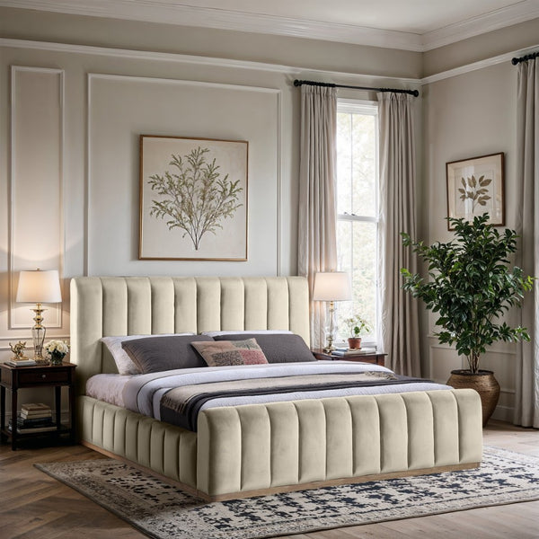 Meridian Furniture Amara King Bed Plush Cream Velvet Upholstered Headboard with Solid Wood Base AmaraCream-K