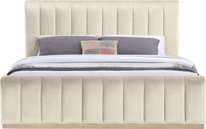 Meridian Furniture Amara King Bed Plush Cream Velvet Upholstered Headboard with Solid Wood Base AmaraCream-K