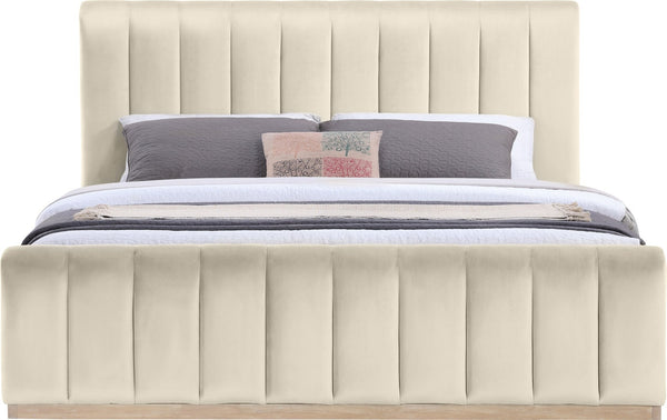 Meridian Furniture Amara King Bed Plush Cream Velvet Upholstered Headboard with Solid Wood Base AmaraCream-K