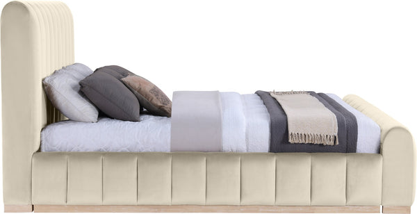 Meridian Furniture Amara King Bed Plush Cream Velvet Upholstered Headboard with Solid Wood Base AmaraCream-K