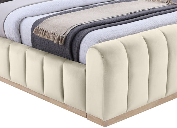 Meridian Furniture Amara King Bed Plush Cream Velvet Upholstered Headboard with Solid Wood Base AmaraCream-K