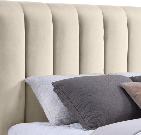 Meridian Furniture Amara King Bed Plush Cream Velvet Upholstered Headboard with Solid Wood Base AmaraCream-K