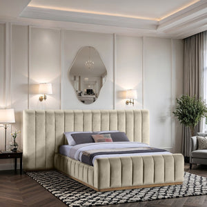 Meridian Furniture Amara Queen Bed Plush Velvet Upholstered Headboard Solid Wood Contemporary Frame AmaraCream-Q117