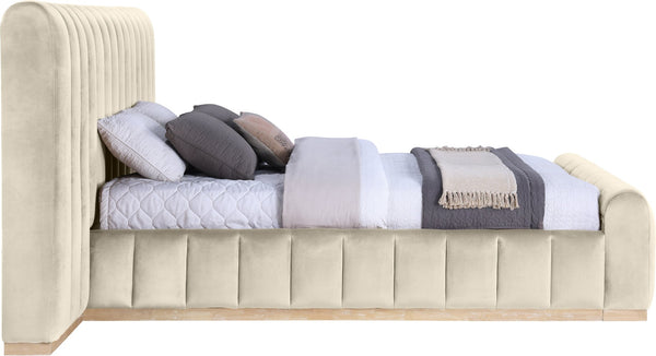 Meridian Furniture Amara Queen Bed Plush Velvet Upholstered Headboard Solid Wood Contemporary Frame AmaraCream-Q117