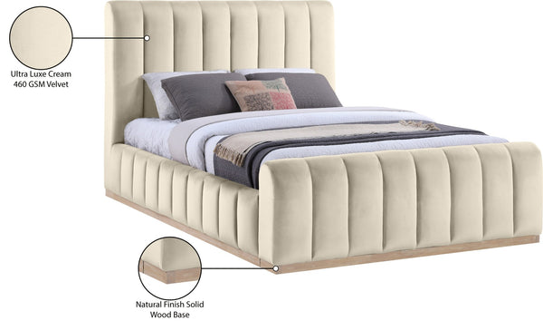 Meridian Furniture Amara Queen Bed Tall Panel Headboard in Plush Velvet with Solid Wood Base AmaraCream-Q