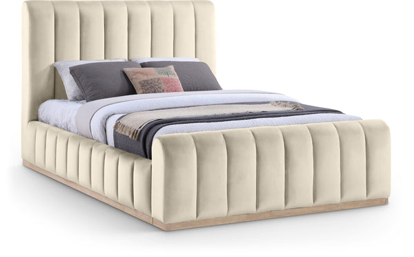 Meridian Furniture Amara Queen Bed Tall Panel Headboard in Plush Velvet with Solid Wood Base AmaraCream-Q