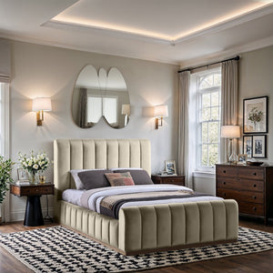 Meridian Furniture Amara Queen Bed Tall Panel Headboard in Plush Velvet with Solid Wood Base AmaraCream-Q