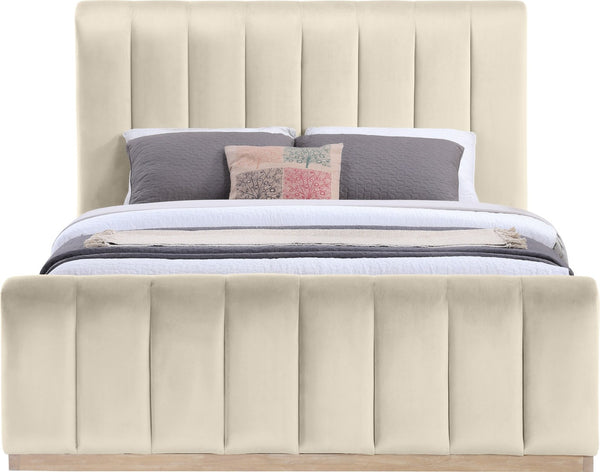 Meridian Furniture Amara Queen Bed Tall Panel Headboard in Plush Velvet with Solid Wood Base AmaraCream-Q