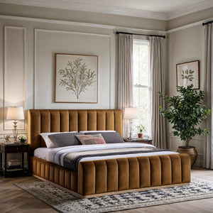 Meridian Furniture Amara Saddle Velvet King Bed with Tall Headboard and Solid Wood Base AmaraSaddle-K